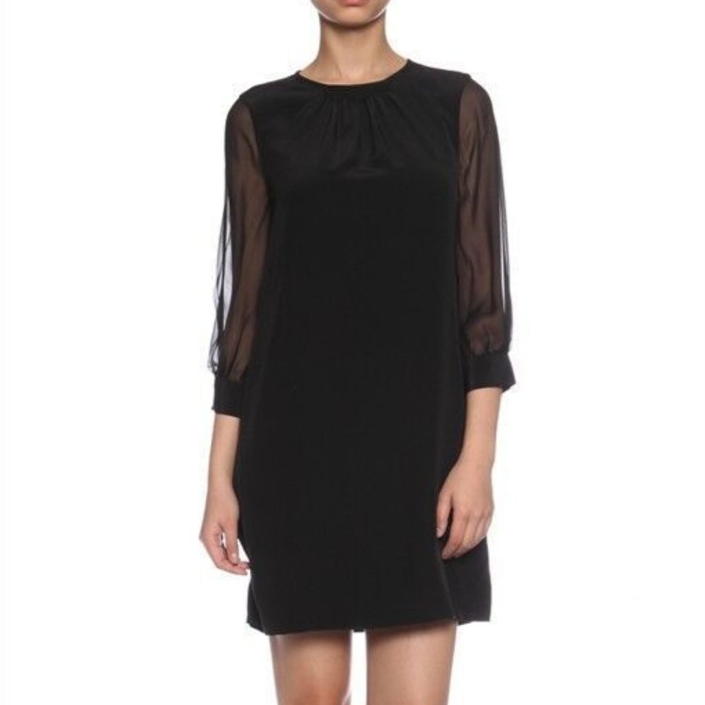 Kate Spade New York Black Silk Sheer 3/4 Sleeve Tunic Mini Shift Dress High Neck
